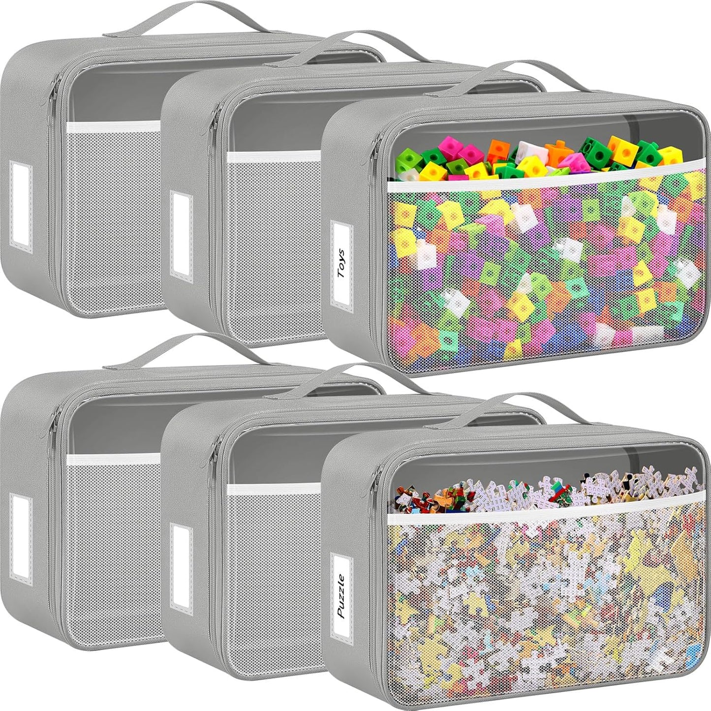 Abbylike 6 Pack Toy Storage Bag Bricks Building Set Car Toy Organization Bags for Traveling Carrying Case, Storage Organizer Puzzles(Gray)