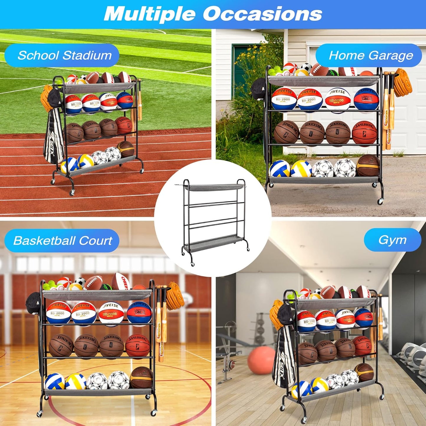 Basketball Rack, 4-Layer Ball Rack Rolling Balls Organizer with Baseball Bat Holder & Hooks Sport Equipment Storage Cart with Wheels for Football, Volleyball, Soccer