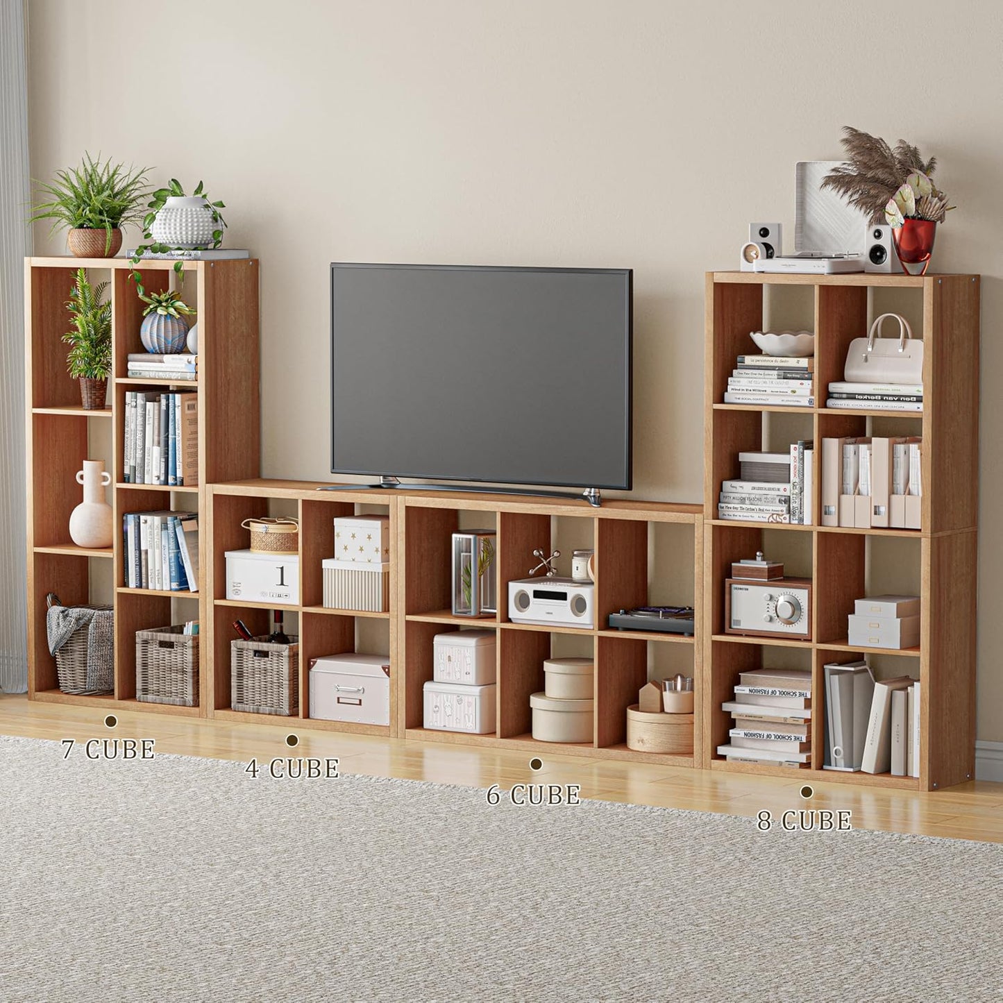 Cube Storage Organizer Bookcase, Decorative 11 inch Open Back Cubical Shelf with Thickened Border, Display Bookshelf for Living Room, Home Office, Sturdy Room (Natural Oak, 4 Cube)
