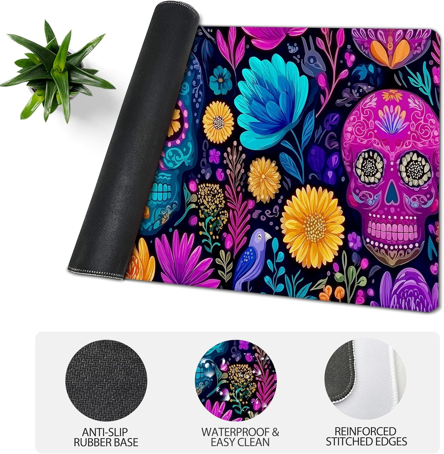 31.5”x11.8”Large Gaming Mouse Pad for Desk, Mouse Mat with Seamed Edges, Waterproof Desk Pad, Non-Slip Rubber Base, Keyboard Pad Computer Mat, Big XL Mousepad-Skull Flower