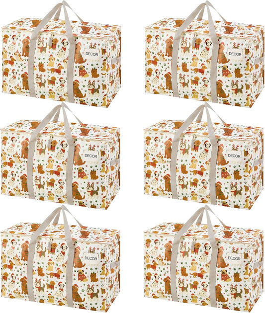 VENO 6 Pack Moving Bags and Large Christmas Storage Bins with lids. Alternative to Moving Boxes, Packing Supplies for College. Extra Large Heavy Duty Totes for Packaging (Holiday Pups, 6 Pack)