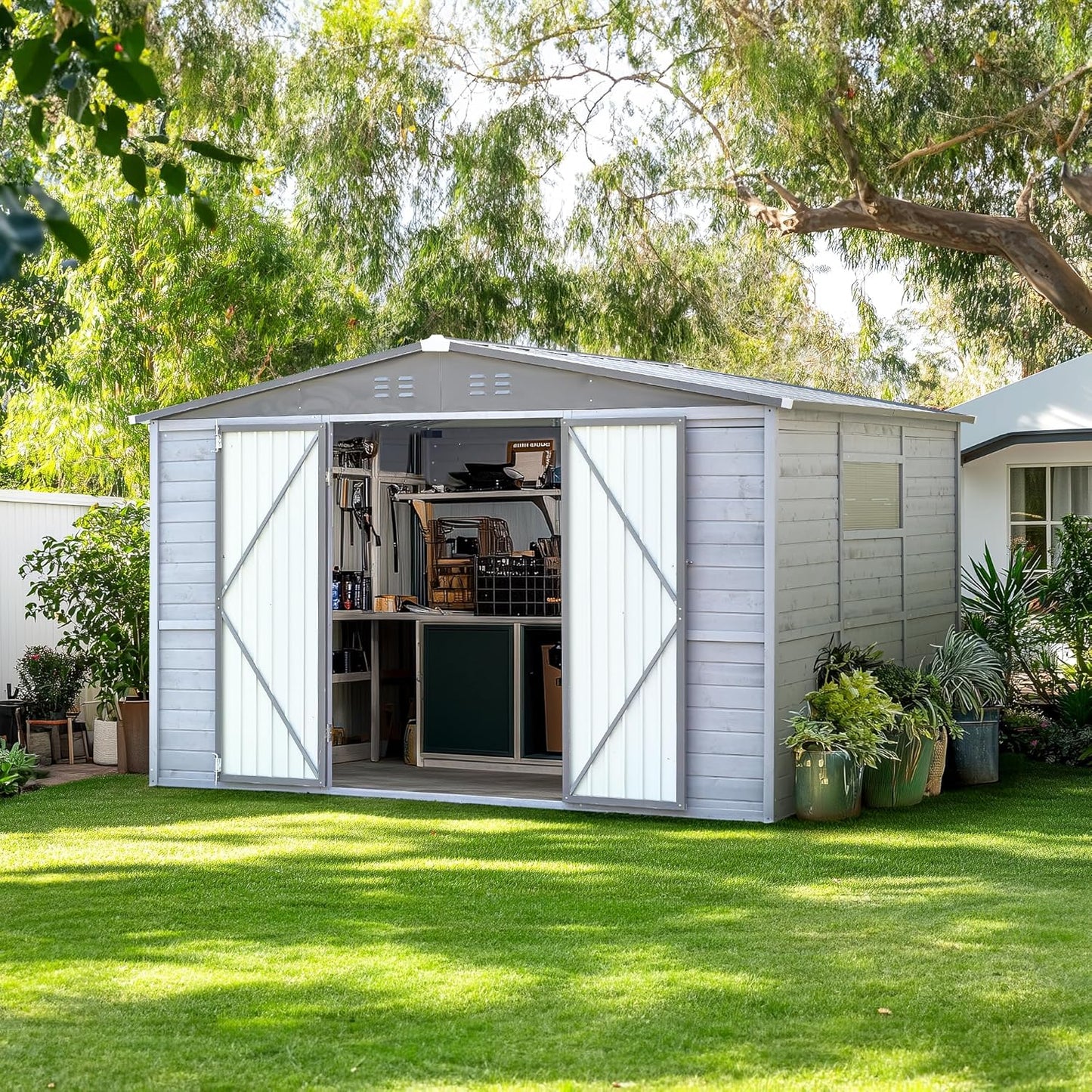 8x10 FT Outdoor Storage Shed with Windows, Wood & Metal Garden Shed, Outside Storage Shed Waterproof for Backyard, Garden, Patio, 4 Vents (Without Floor) Gray