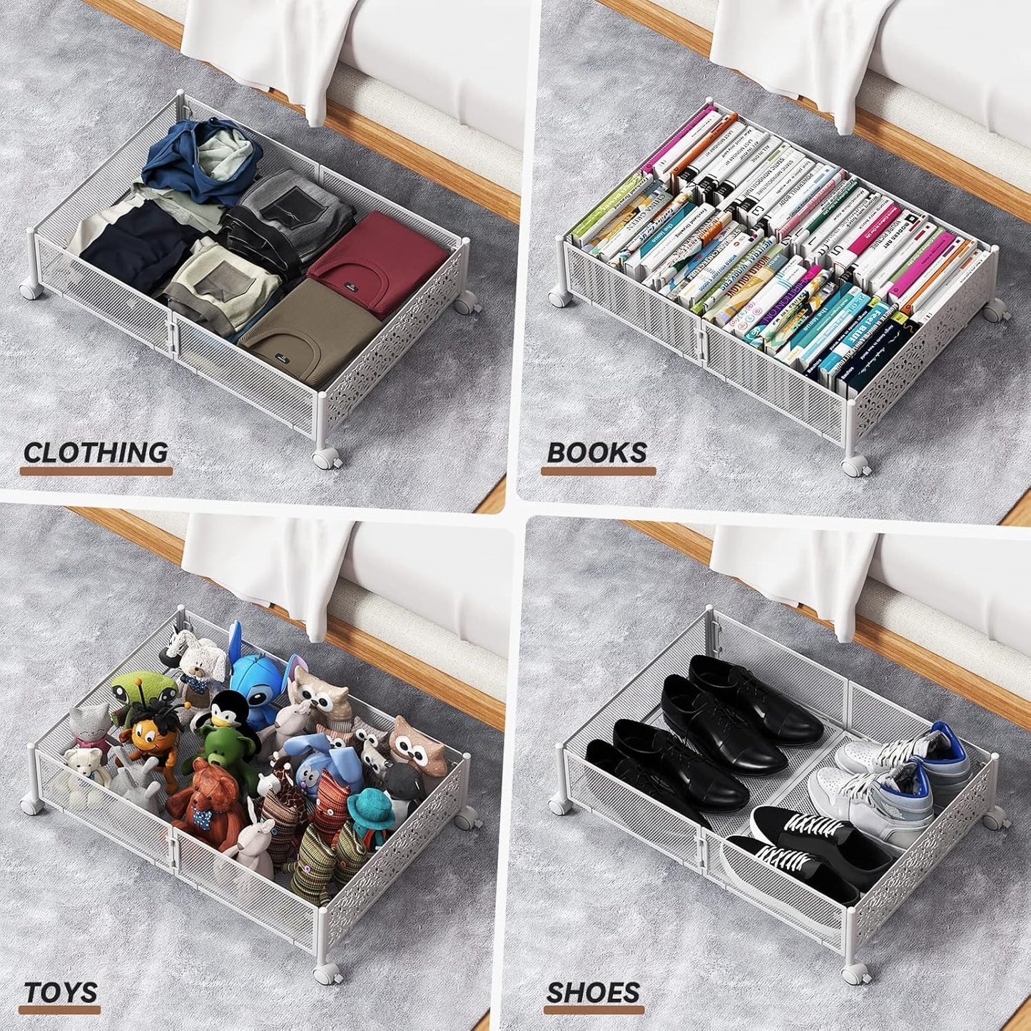 PHINOX Under Bed Storage, Under the Bed Storage Containers with Wheels, Under Bed Shoe Storage Organizer Drawer for Bedroom Clothes Shoes Blankets -4Pack