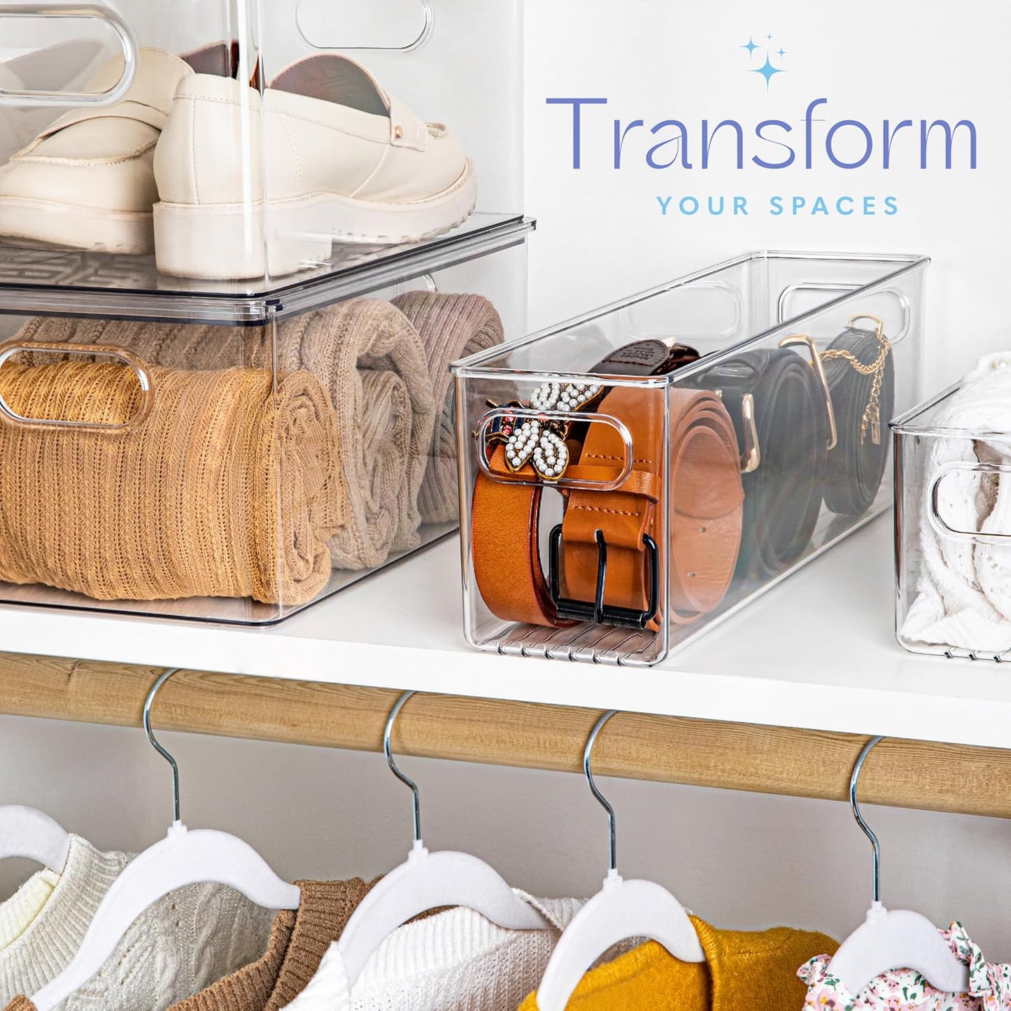 primebox Plastic Food Storage 6 Pack Clear Container Bin with Handles for Organizing Kitchen, Pantry, Fridge, Freezer, Pantry,Bathroom. 16"x4"x5"