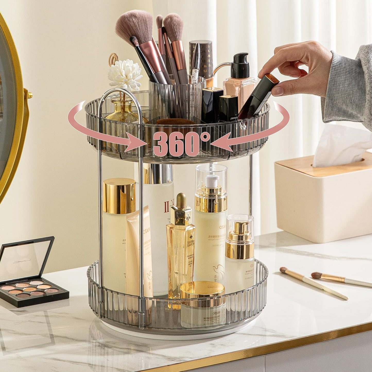 YCIA&DONE Rotating Makeup Organizer for Vanity, Large Capacity Make Up Storage Skin care Shelf Perfume Holders Cosmetic Dresser Organizer Countertop Spinning 360 (Smoky Gray, 2Tiers)