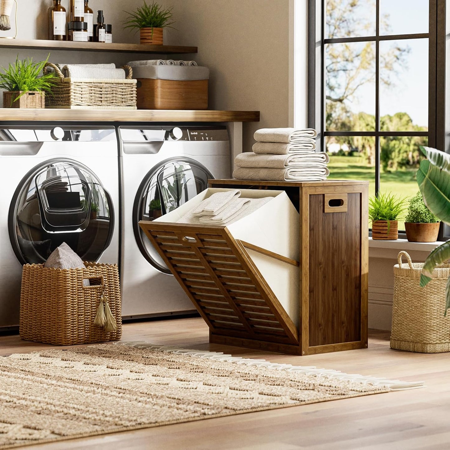 HITNET Bamboo Tilt Out Laundry Hamper, Bathroom Storage Cabinet with Hidden Removable Basket and 3 Sides Cutout Handles, Freestanding Kitchen Trash Can Cabinet, Walnut
