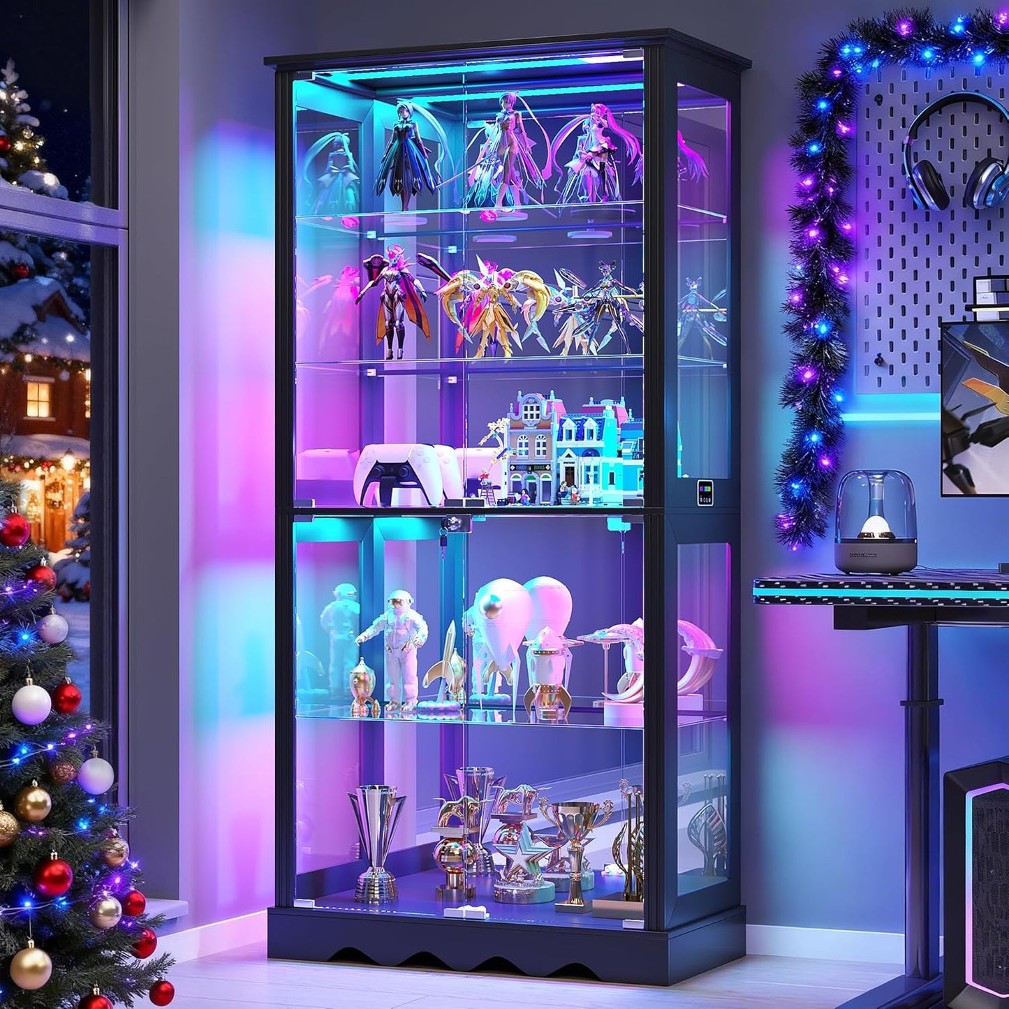 Display Cabinet with Glass Doors, 71'' Tall Curio Cabinet with RGB Lights for Collectibles, LED Display Case with Removable Shelf for Book/Medal/Figure, Black