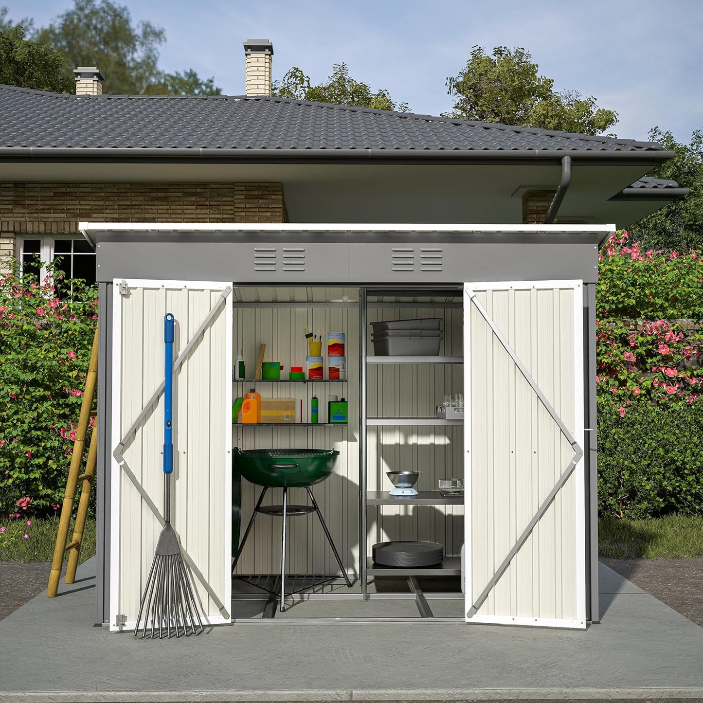 8x4 FT Outdoor Storage Metal Shed with Air Vents Sloping Roof Double Lockable Doors Waterproof Tool Galvanized Ideal for Backyard Patio Lawn Gray Shed Storage
