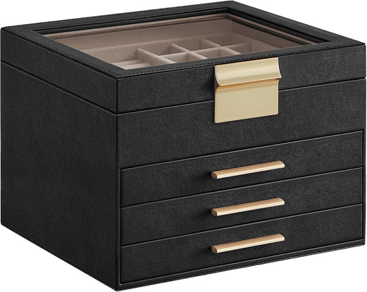 SONGMICS Jewelry Box Organizer with Glass Lid, 4-Layer Jewelry Storage, with 3 Drawers, Modern Style, Christmas Gift, 8 x 9.1 x 6.5 Inches, Graphite Black and Gold Color UJBC173B01