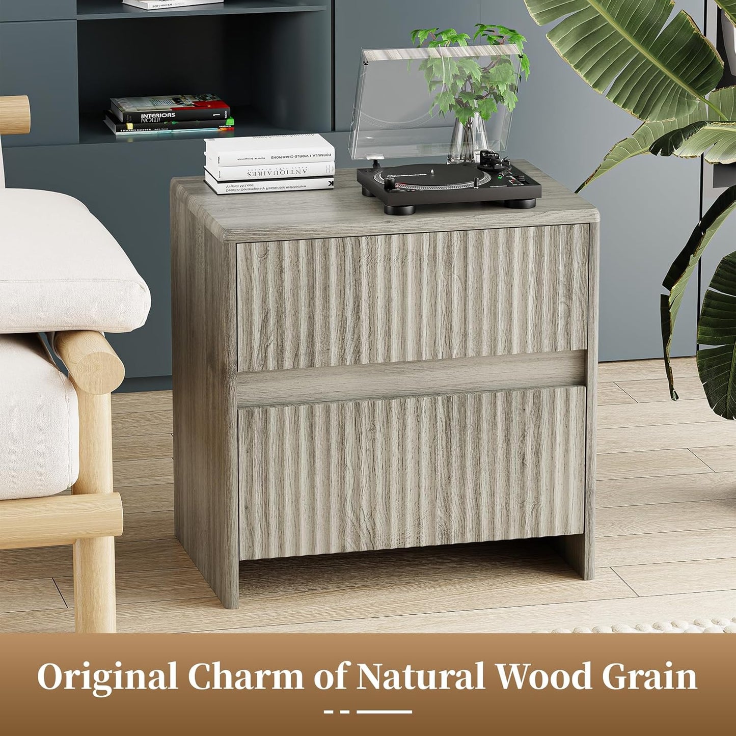 Fleuted Nightstand Set of 2, 23" Wood Bedside Table with 2 Storage Drawers, Modern Night Stand for Bedroom, Office, Grey