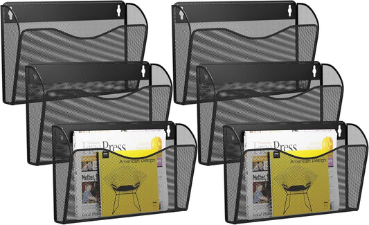 6 Single Pocket Wall File Holder, Mesh Hanging File Folder Paper Organizer, Vertical Wall Mounted Mail Basket, Storage Organization Magazine Rack for Office, Home and School, Black