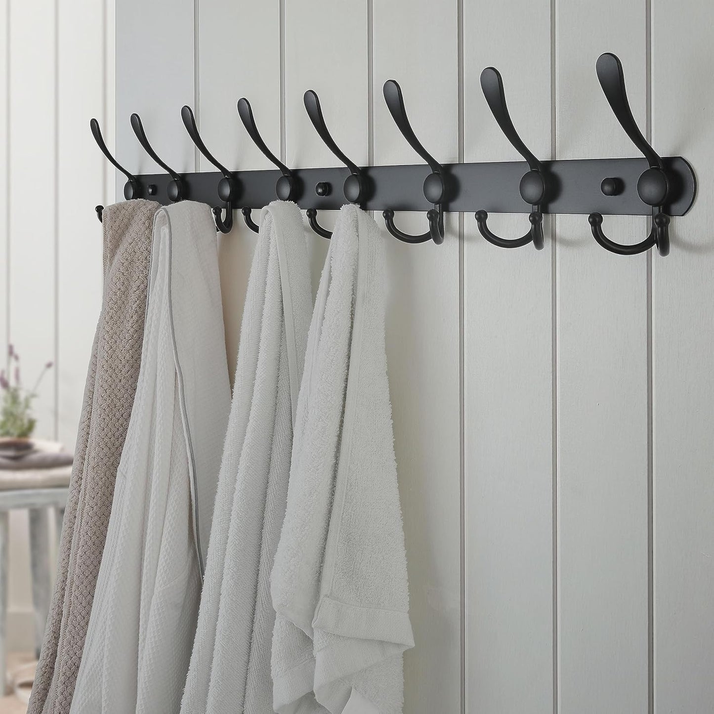 Dseap Coat Rack Wall Mount - 29.5” Long 8-Tri-Hooks Heavy Duty Coat Hanger Rail Wall Hooks for Hanging Coats Hats Clothing Clothes Purse Mudroom Entryway, Black