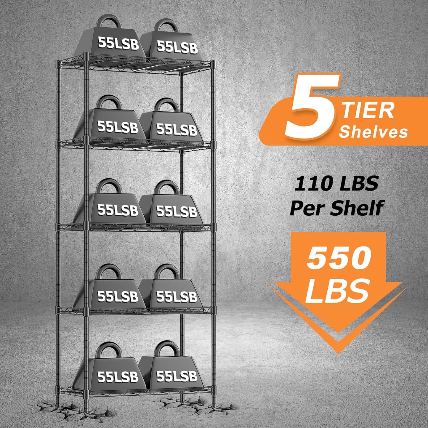 Storage Shelves,21.3" W x 11.8" D x 58.5" H Kitchen Wire Shelving Unit Loads 550LBS,5-tier Adjustable Metal Utility Shelf,Garage Shelves,Home Storage Rack for Kitchen, Laundry, Pantry and Closet