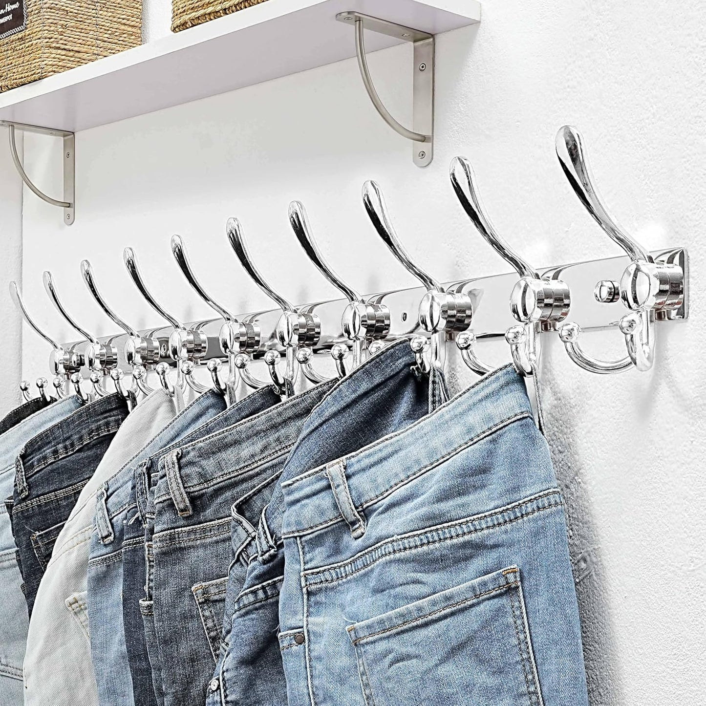 Dseap MaxStrong 2.0 Coat Rack Wall - 37” Long 10 Tri Hooks - Ultra Heavy-Duty Stainless Steel Wall Mount Coat Hanger, Hook Rail for Clothes Hats Jacket Towels Chromed, Pack of 2