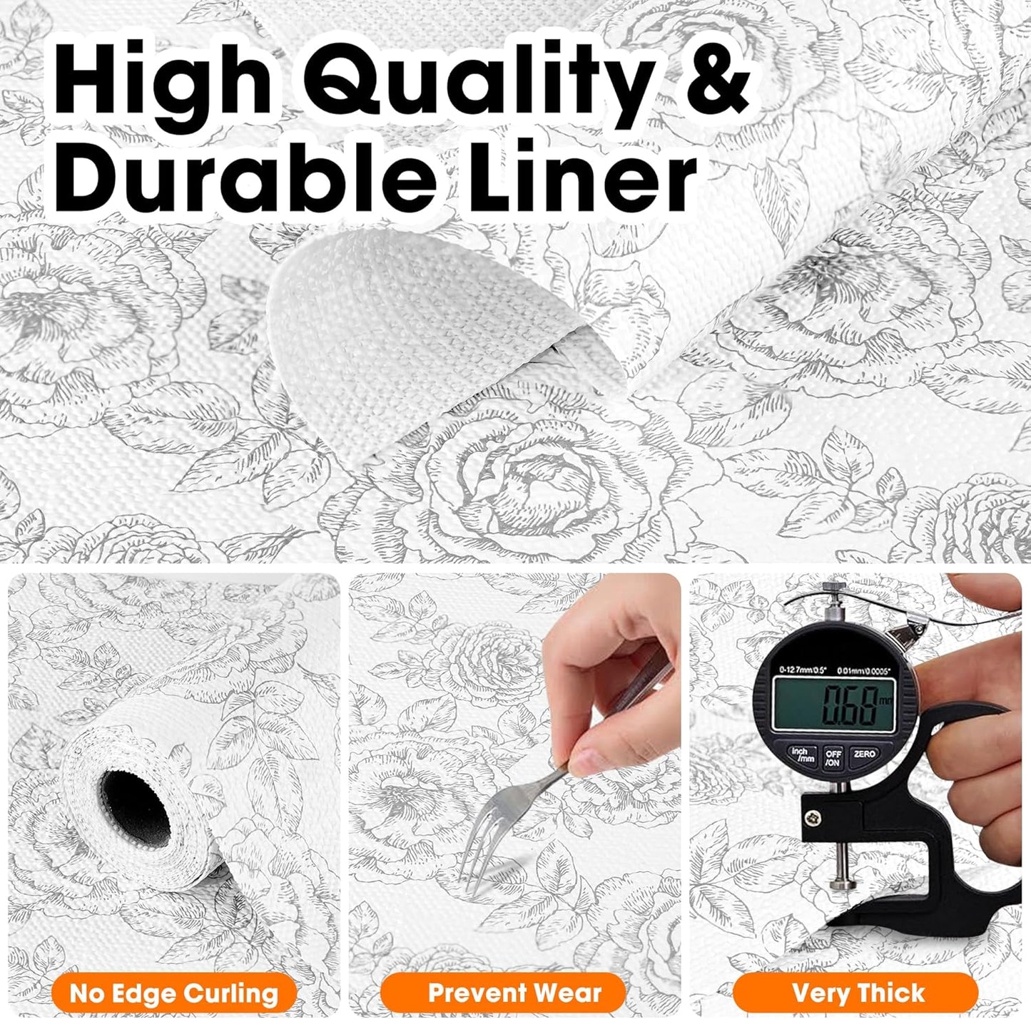Drawer and Shelf Liner for Kitchen Cabinets Non-Adhesive Cabinet Liners for Shelves Strong Grip Non Slip Waterproof Cupboard Liner for Dresser Refrigerator, Bathroom, Flower,17.5IN X 10FT