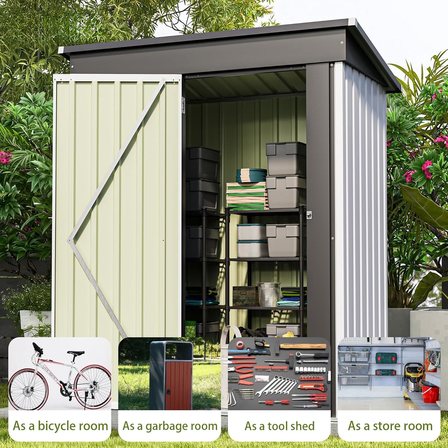 Patiowell 5x3 FT Outdoor Storage Shed, Garden Tool Shed with Sloping Roof and Lockable Door, Metal Shed for Backyard Garden Patio Lawn, White