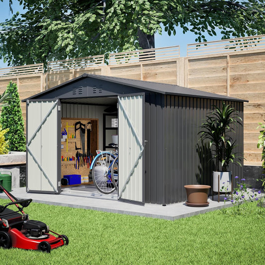 10x8 FT Outdoor Storage Shed with Floor Frame Structure and Lockable Doors, Durable and Sturdy Meta Sheds with Waterproof Roof Garden Tool Shed Ideal for Backyard Patio (Black
