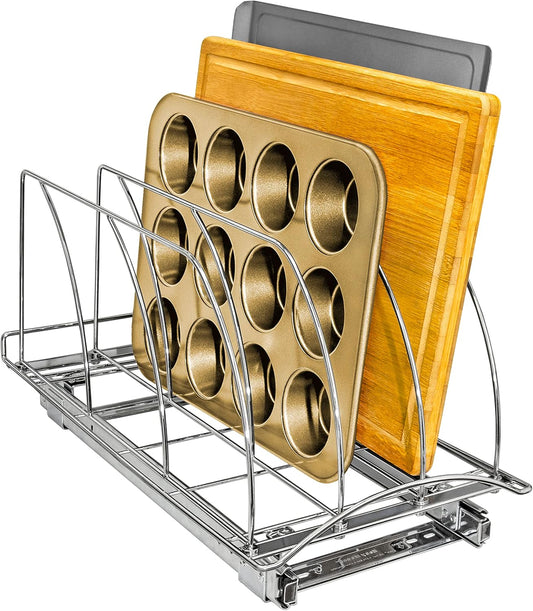 LYNK PROFESSIONAL® Pull Out Cutting Board, Cookie Sheet, and Baking Pan Organizer Rack - Lifetime Ltd. Warranty - Slide Out Kitchen Cabinet Storage Organizers – 10” x 21” Deep - Pullout Shelf, Chrome