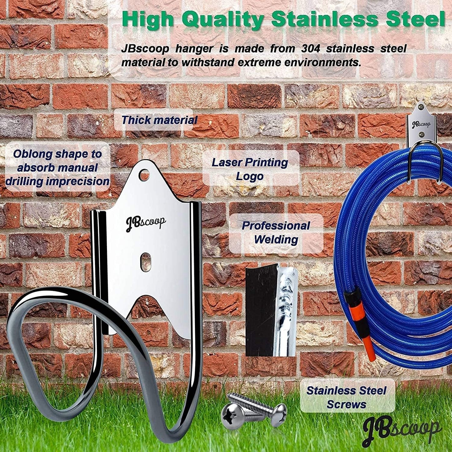 JBscoop Stainless Steel Garden Hose Hanger (Set of 2), for Garden Hose Holder, Rust Free Hose Holder Wall Mount, Heavy Duty Wall Mount Hose Hanger