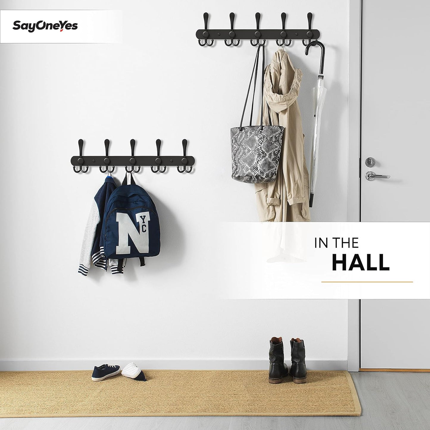 Coat Rack Wall Mount with 5 Tri Hooks, Stainless Steel 16 Inch – Black Matte Finish, Heavy Duty Wall Mounted Hook Rack for Coats, Hats, Towels, Scarves, Robes, Bags, Entryway & Bathroom - 2 Pack