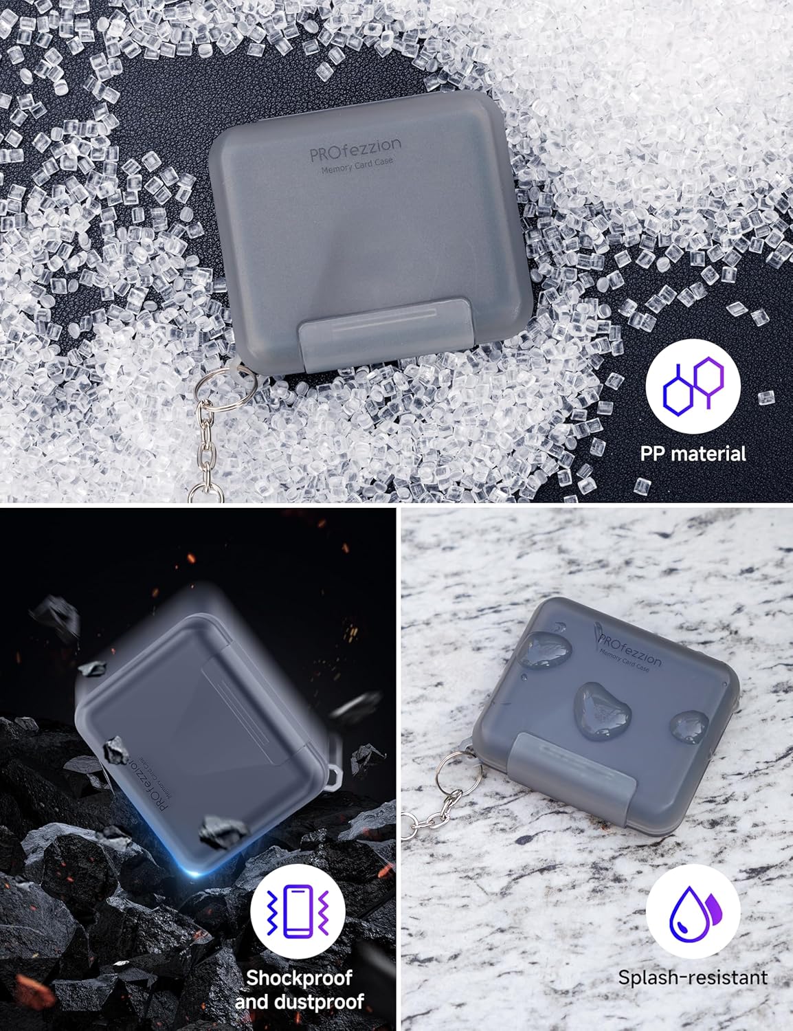 PROfezzion SD Card Holder Case Water-Resistant: Portable 12 Slots Memory Card Case for 8 Micro SD Card & 4 SD/SDXC/SDHC Card, Memory Card Hard Carrying Box Keeper Protector with Rubber Interior Grey