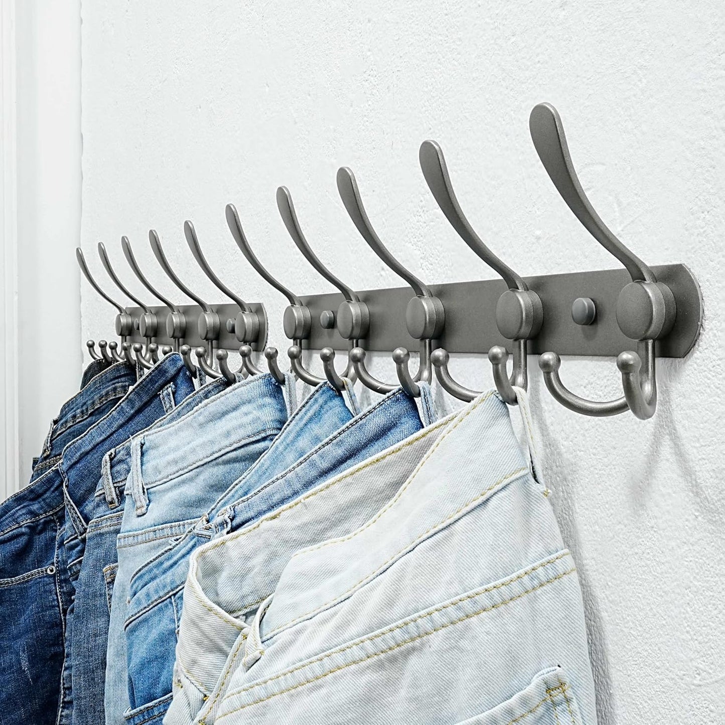 Dseap Coat Rack Wall Mounted - 5 Tri Hooks, Heavy Duty, Stainless Steel, Metal Coat Hook Rail for Coat Hat Towel Purse Robes Mudroom Bathroom Entryway (Grey, Pack of 2)