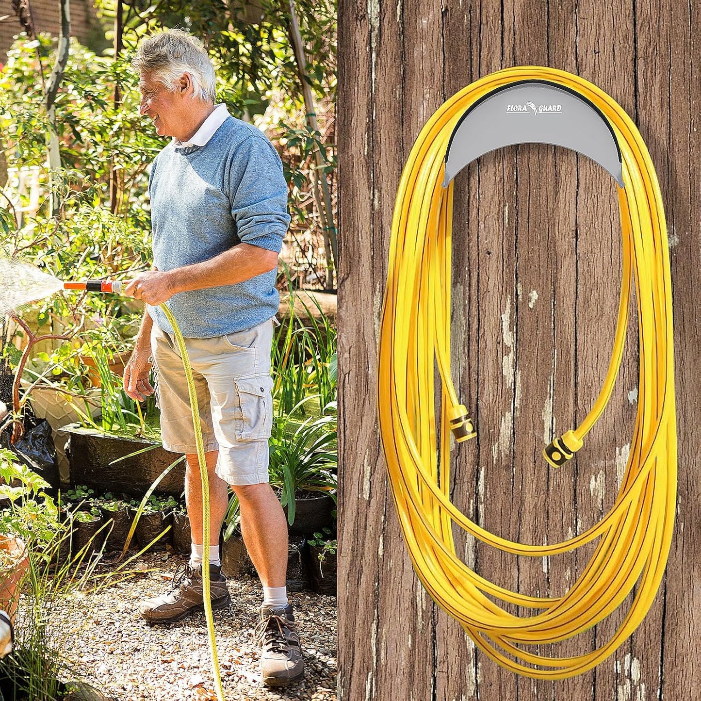 FLORA GUARD Garden Hose Holder, Heavy-Duty Hose Hanger, Holds Up to 125 ft, Garden Rack Wall Mount for Outside, Rust and Slip Resistant, Gray