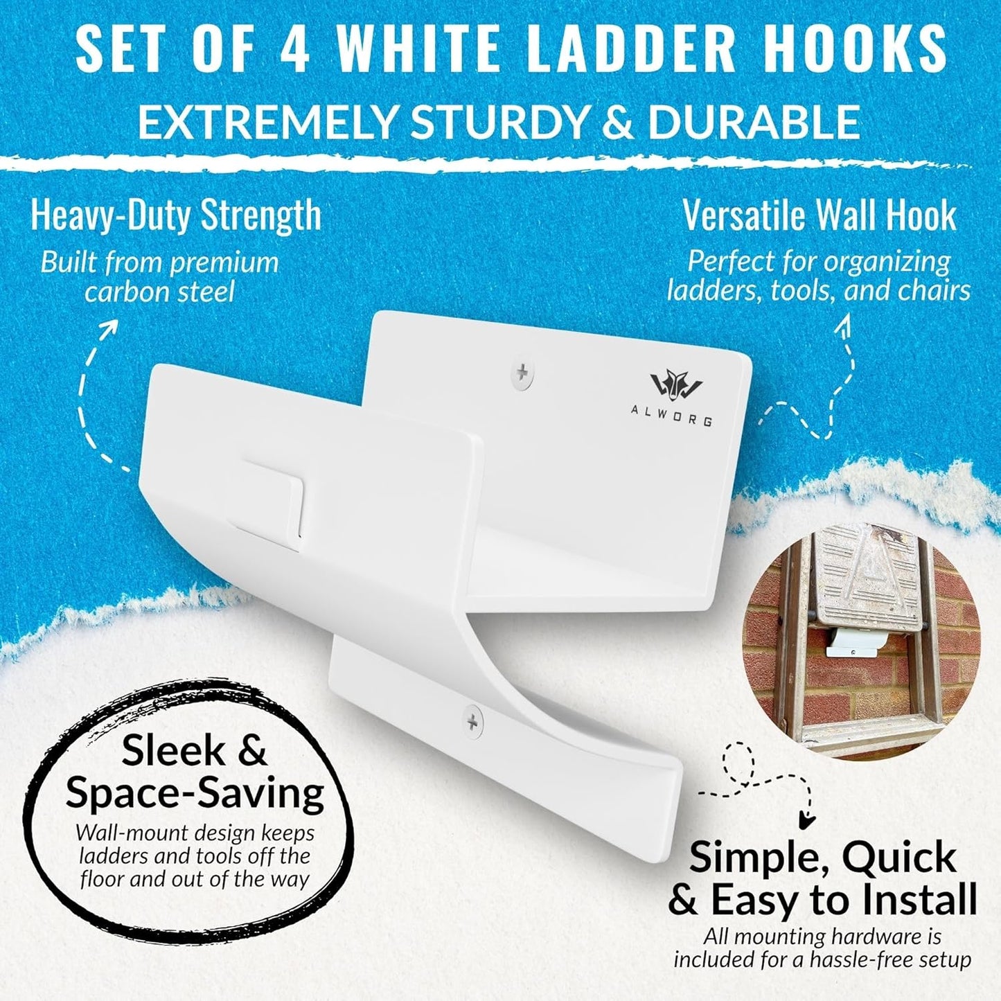 Ladder Hooks Set of 4 – White Heavy Duty Garage Wall Hooks, Use as Ladder Holder, Step Stool Hanger
