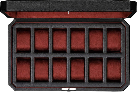 ROTHWELL 12 Slot Leather Watch Box for Men - Luxury Case Display Jewelry Organizer with Microsuede Liner - Travel Jewelry Case for Mens Accessories, Travel Organizer (Black & Red)