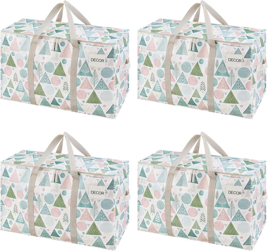 VENO 4 Pack Moving Bags and Large Christmas Storage Bins with lids. Alternative to Moving Boxes, Packing Supplies for College. Extra Large Heavy Duty Totes for Packaging (Pastel Forest, 4 Pack)