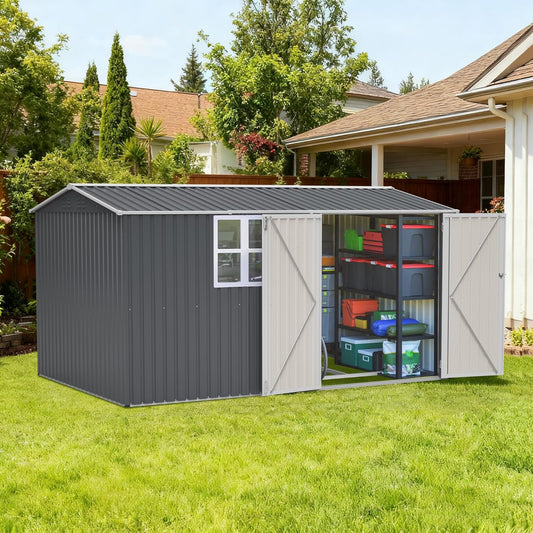 12' x 8' Outdoor Storage Shed with Floor, Waterproof Metal Garden Shed with Windows, Lockable Doors, and Sloped Roof for Patio, Backyard, Lawn, Tool Storage
