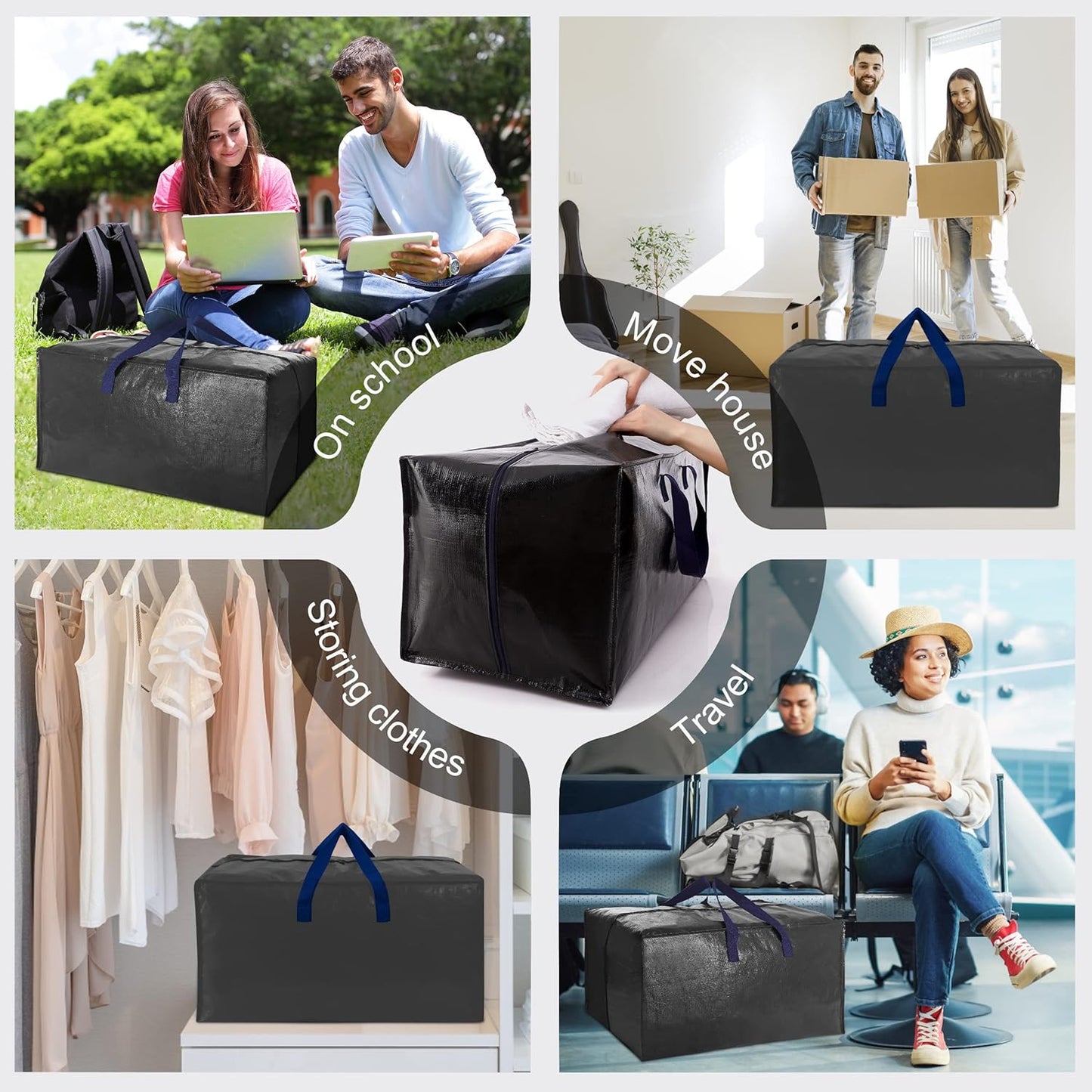 Heavy Duty Extra Large Moving Bags W/Backpack Straps - Strong Handles & Zippers, Storage Totes For Space Saving, Fold Flat, Alternative to Moving Box and Storage Bin (Set of 6, Black)