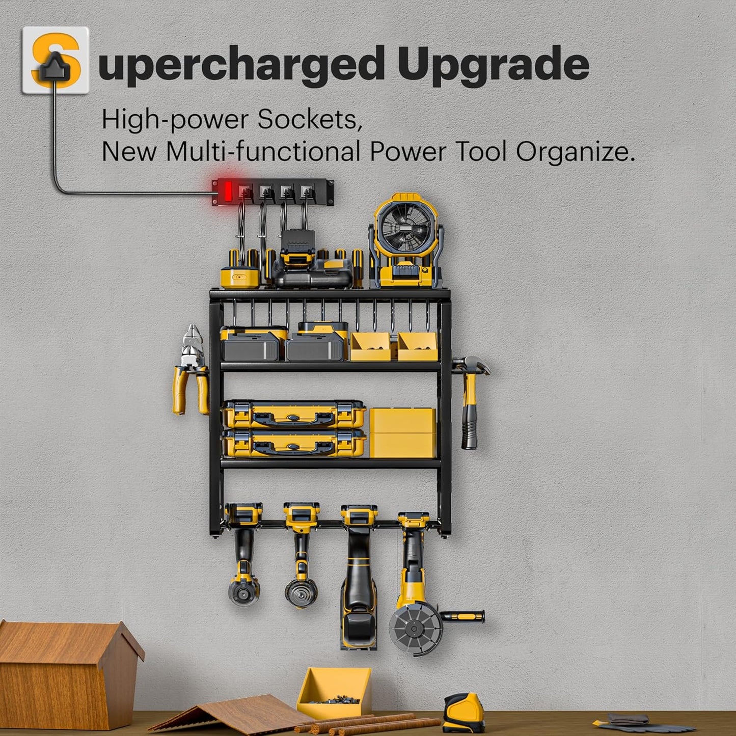 Power Tool Organizer Wall Mount with Charging Station, 4 Drill Holders and 4 Layers Garage Organization, Tool Battery Holder with 4 Outlet Power Strip, Tool Storage for Workshop Pegboard, Shed