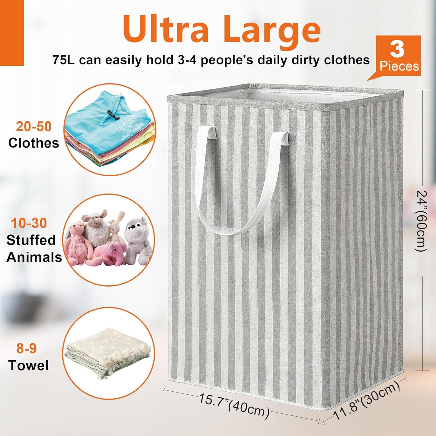 3 Pack Laundry Hamper Collapsible 75L Large Waterproof Cotton Linen Clothes Hamper with Handles Freestanding for Home Dorm Bathroom Bedroom Campin