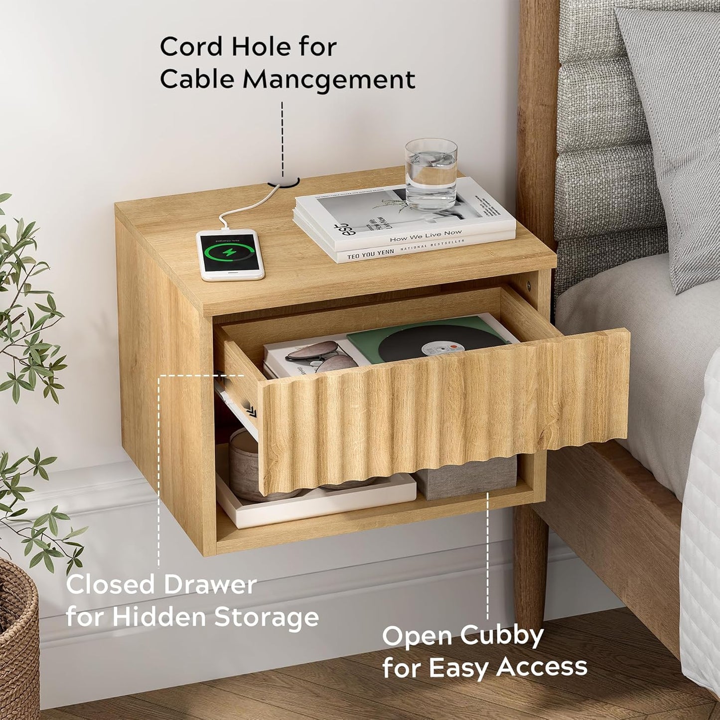 Small Floating Nightstand Set of 2, Modern Fluted Night Stand with Drawer and Open Storage Shelf Wall Mounted Bedside Tables Natural Oak