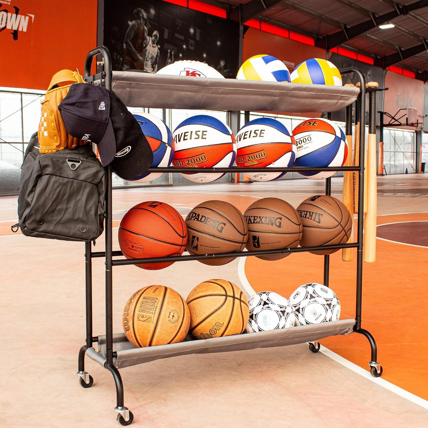 Basketball Rack, 4-Layer Ball Rack Rolling Balls Organizer with Baseball Bat Holder & Hooks Sport Equipment Storage Cart with Wheels for Football, Volleyball, Soccer
