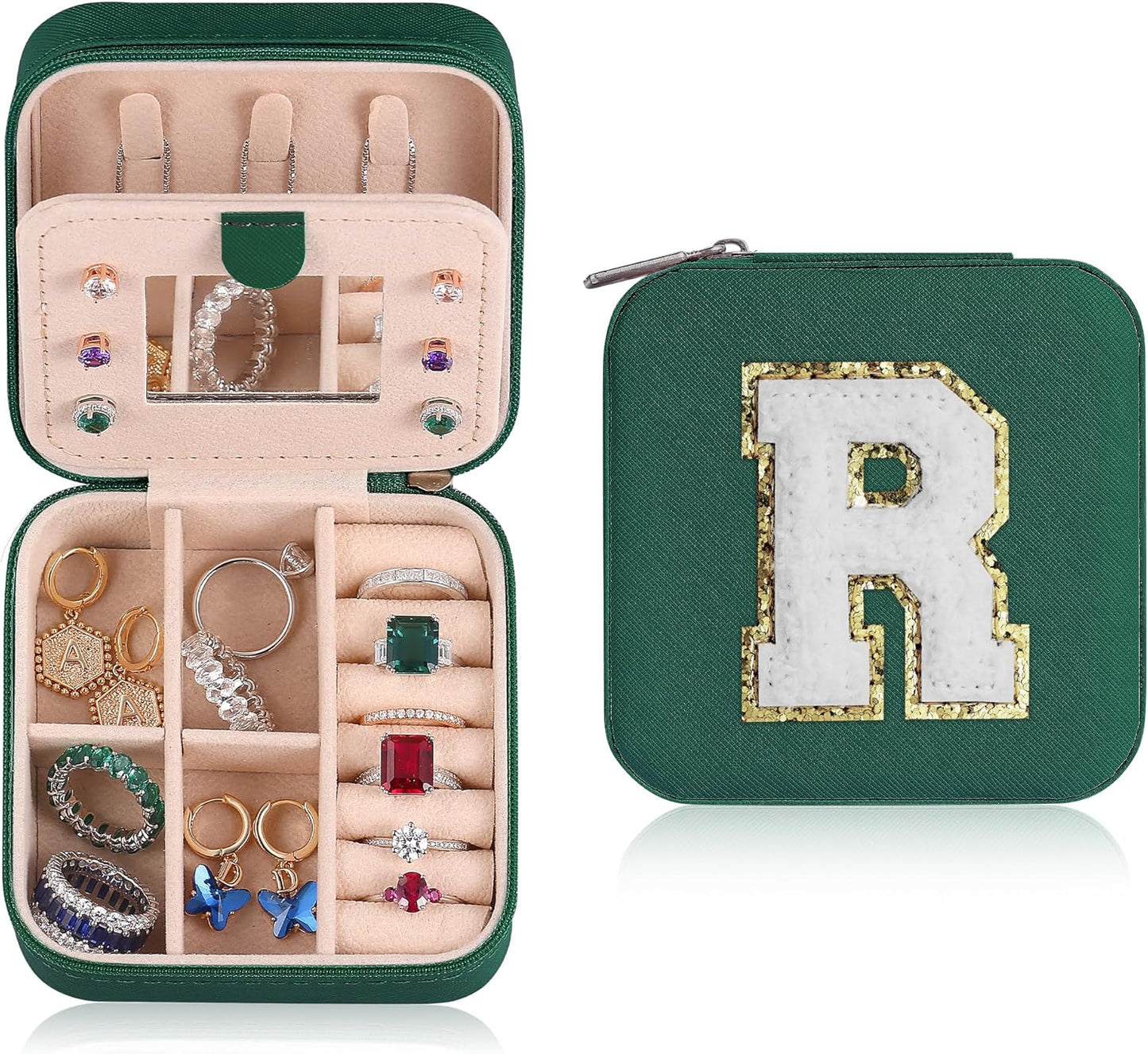 Parima Travel Jewelry Box for Girls Women, Initial Organizer Must Haves Case Necklace Earrings Ring Gifts Women, Green