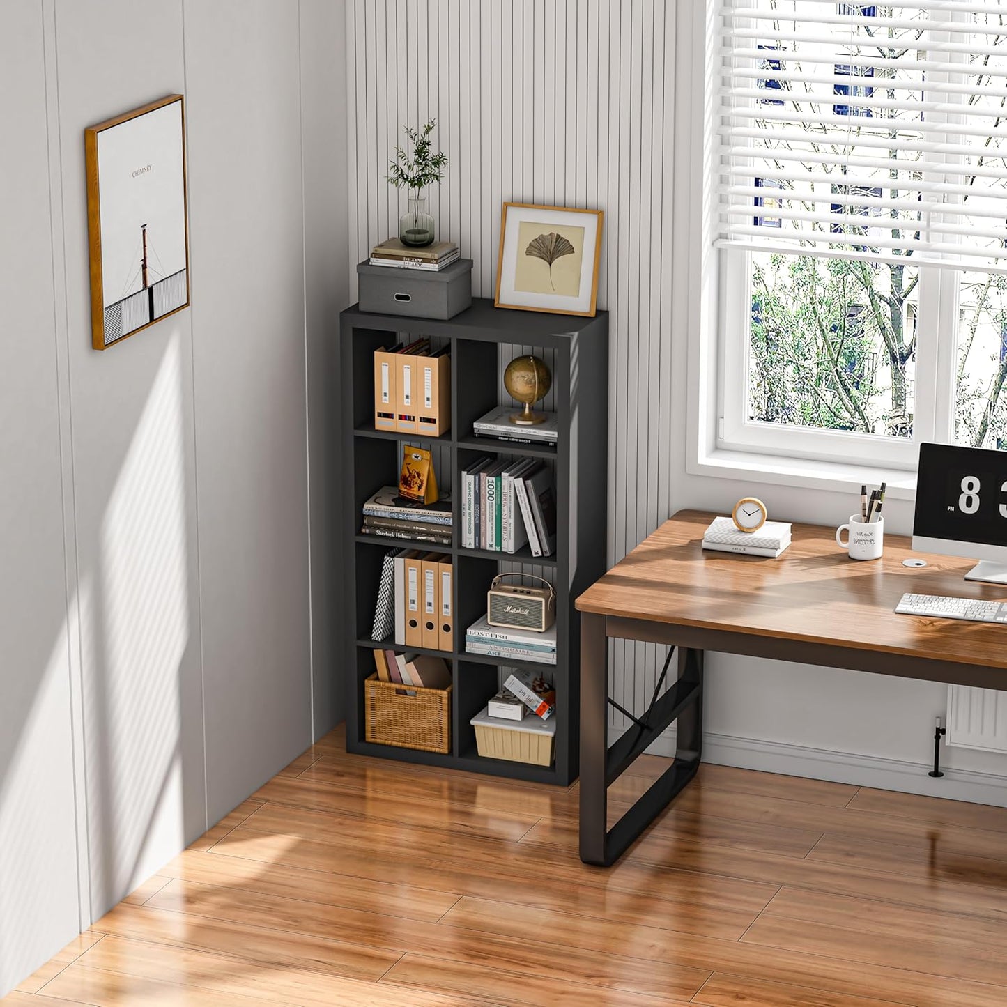 furtble Bookshelf with Storage Bin, 4-Cube Storage Organizer, Modern Wood Open Bookcase, Multifunctional Display Shelf for Living Room, Bedroom, Home Office, Gray Oak