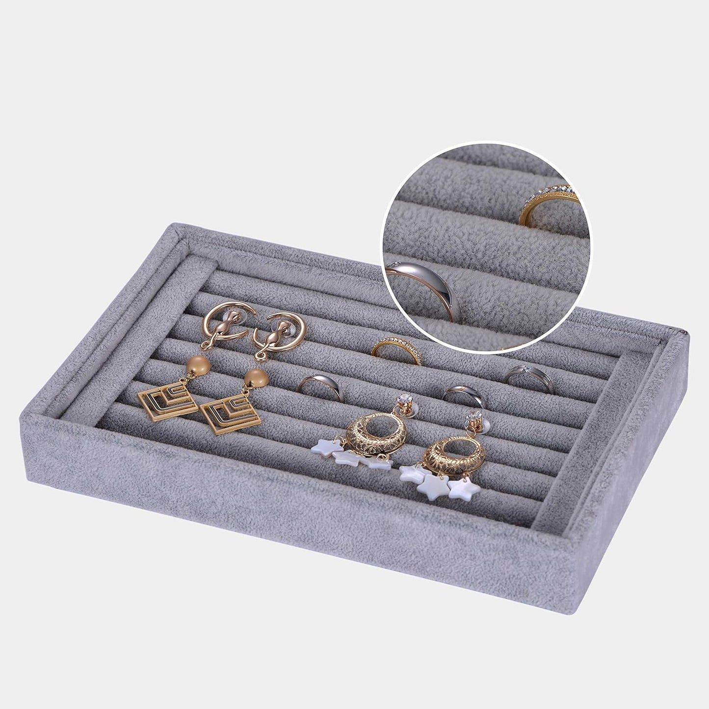 Valyria Velvet 7 Slots Ring Earrings Trays Showcase Display Jewelry Organizer (Grey)