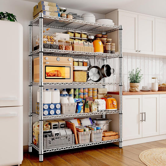 REIBII 5 Tier Metal Shelving Storage Shelves,71''H Adjustable Garage Shelving Unit and Storage,Wire Shelves Pantry Shelves for Kitchen Restaurant Warehouse Office,71H X 35.5W X 14D,Chrome