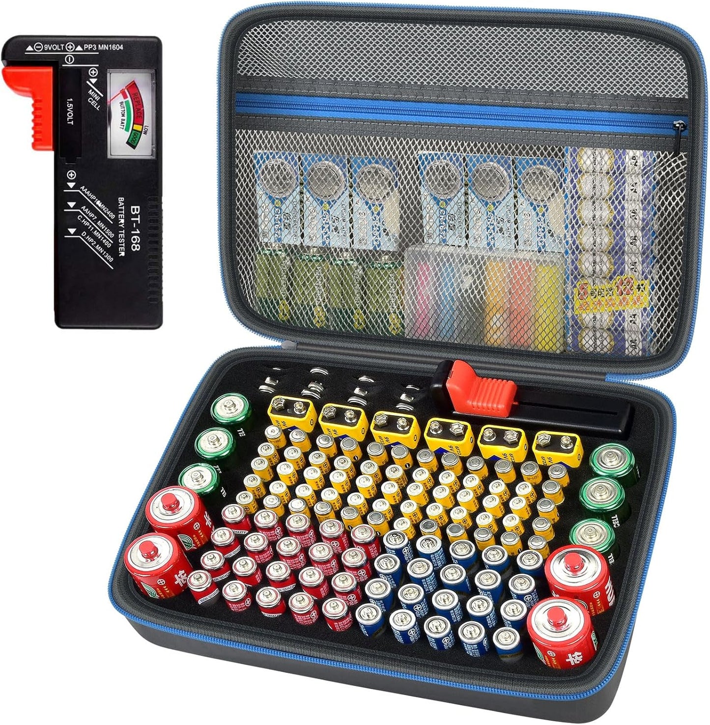 ALKOO Battery Organizer Storage Holder Case Box with Tester Checker BT-168. Holds 136+ Batteries AA AAA C D Cell 9V 3V Lithium (Blue)