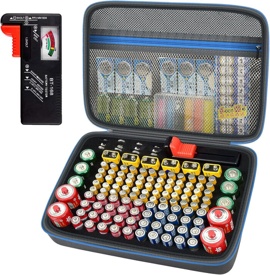 ALKOO Battery Organizer Storage Holder Case Box with Tester Checker BT-168. Holds 136+ Batteries AA AAA C D Cell 9V 3V Lithium (Blue)