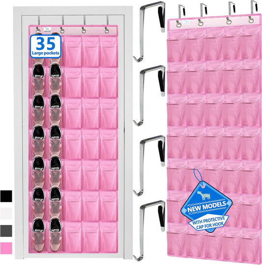 over the door shoe organizer,2025 upgraded,35 Huge pockets,over door shoe organizer,Store size 13 shoes,shoe organizer,Strong material,hooks Suitable for various doors,pink shoe rack