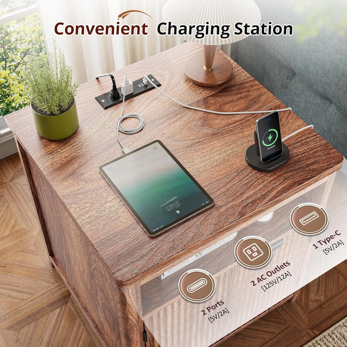 Fluted Nightstands Set of 2 with Charging Stations, 23.6" Wide Walnut Nightstand with Storage Drawers, Side Tables, Modern Farmhouse End Tables for Bedroom, Walnut Brown