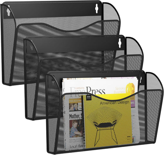 3 Single Pocket Wall File Holder, Mesh Hanging File Folder Paper Organizer, Vertical Wall Mounted Mail Basket, Storage Organization Magazine Rack for Office, Home and School, Black
