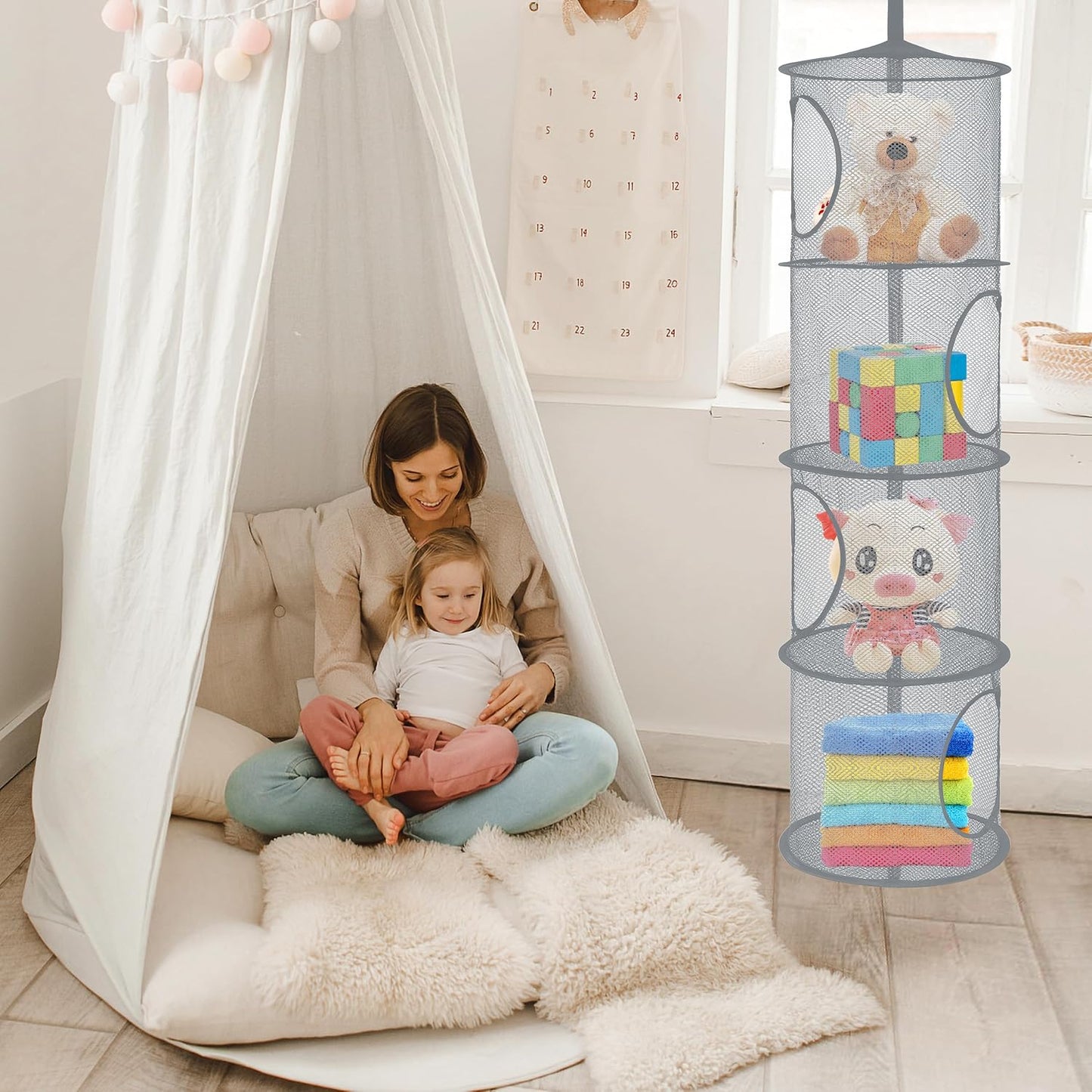 Libeder Mesh Hanging Storage Space Saver Bags Organizer,Foldable Storage Organizer 4 Compartments Toy Storage Basket for Kids Room Bathroom 3 Sets Grey