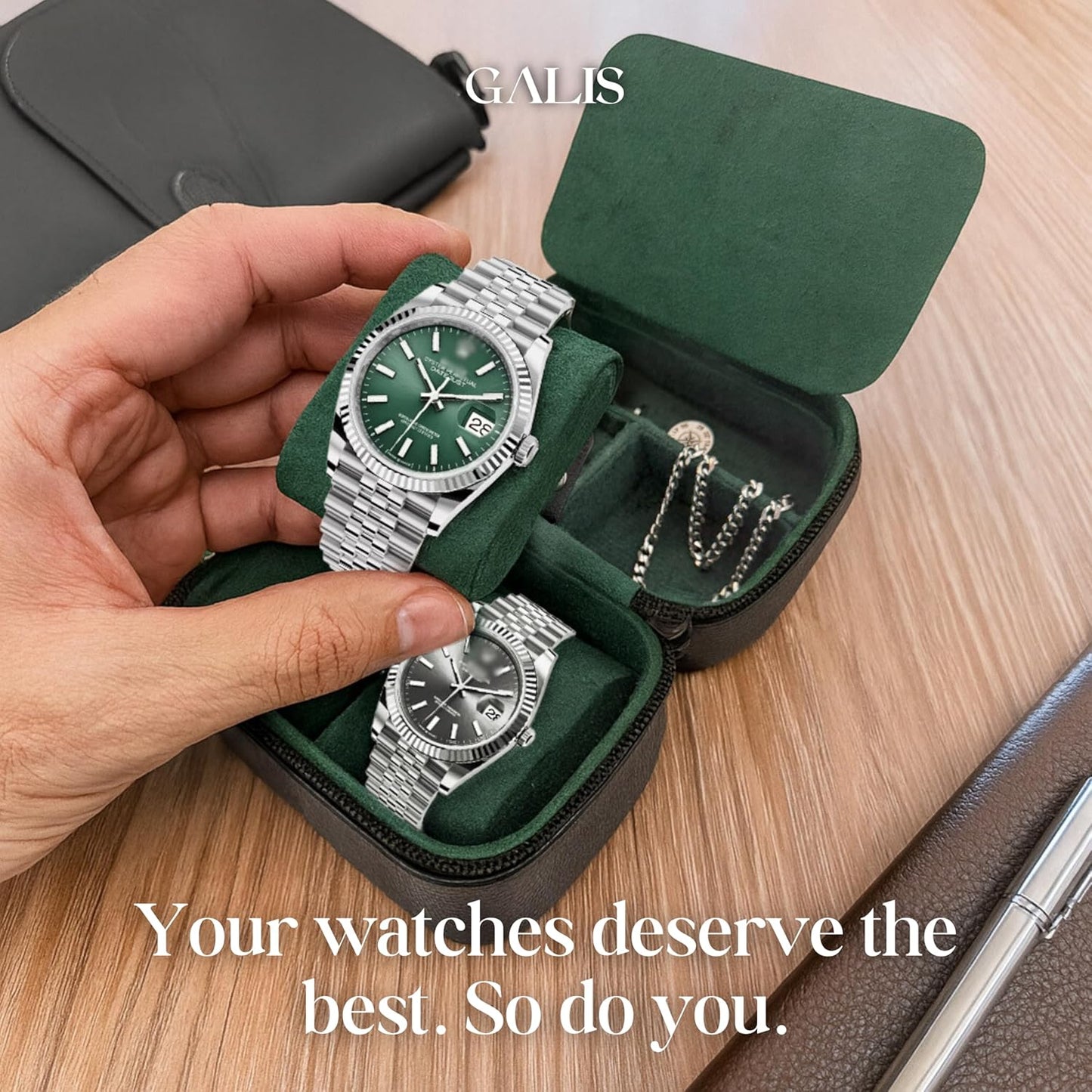 Galis Luxury Watch Travel Case for Men High End Portable 2-Slot Watch Holder and Watch Case, Premium Watch Box for Men, Jewelry Storage Organizer, Gift for Him, Fathers, Husband (Black & Green)