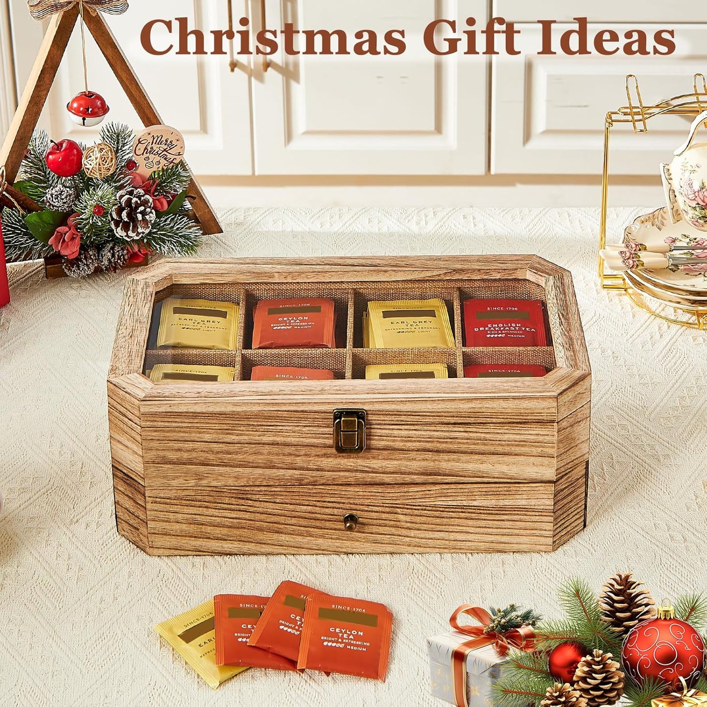 Tea Bag Organizer, Solid Wood 2 Layer Tea Box Organizer Storage, Christmas Gift Tea Bag Holder with Drawer Acrylic Window, Tea Organizer Caddy