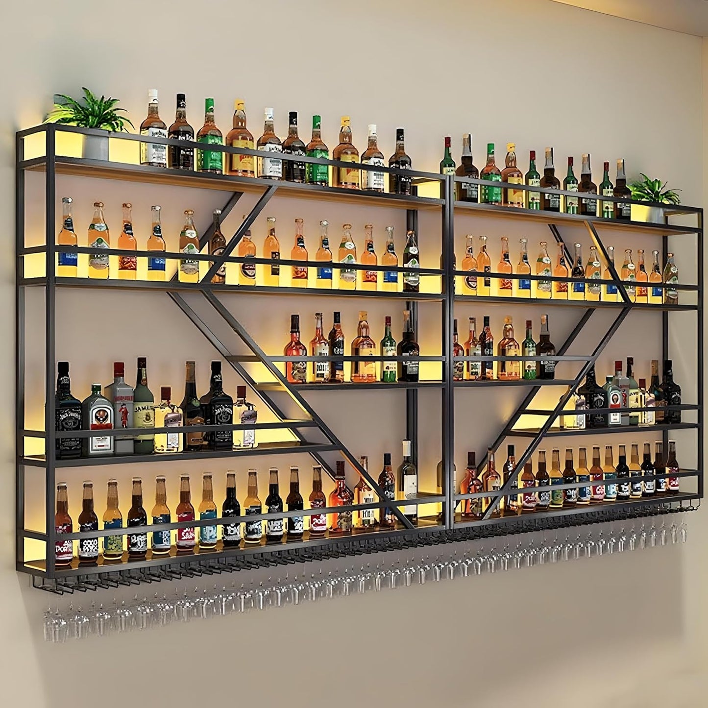 79in Large Wall Mounted Wine Rack 4 Tier Metal Wine Bottle Holder Modern Diamond Design Floating Bar Liquor Bottles Storage Rack for Home Restaurant Bar Decorative (Black, 4 Tier - 79in)