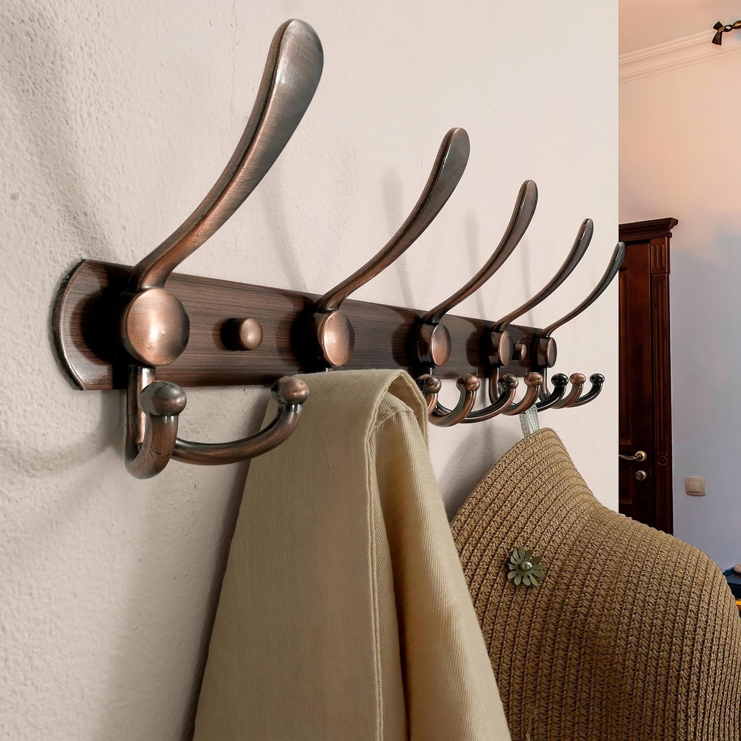 Dseap Wall Mounted Coat Rack - 5 Tri Hooks, Heavy Duty, Stainless Steel, Metal Coat Hook Rail for Coat Hat Towel Purse Robes Mudroom Bathroom Entryway,Antique Copper